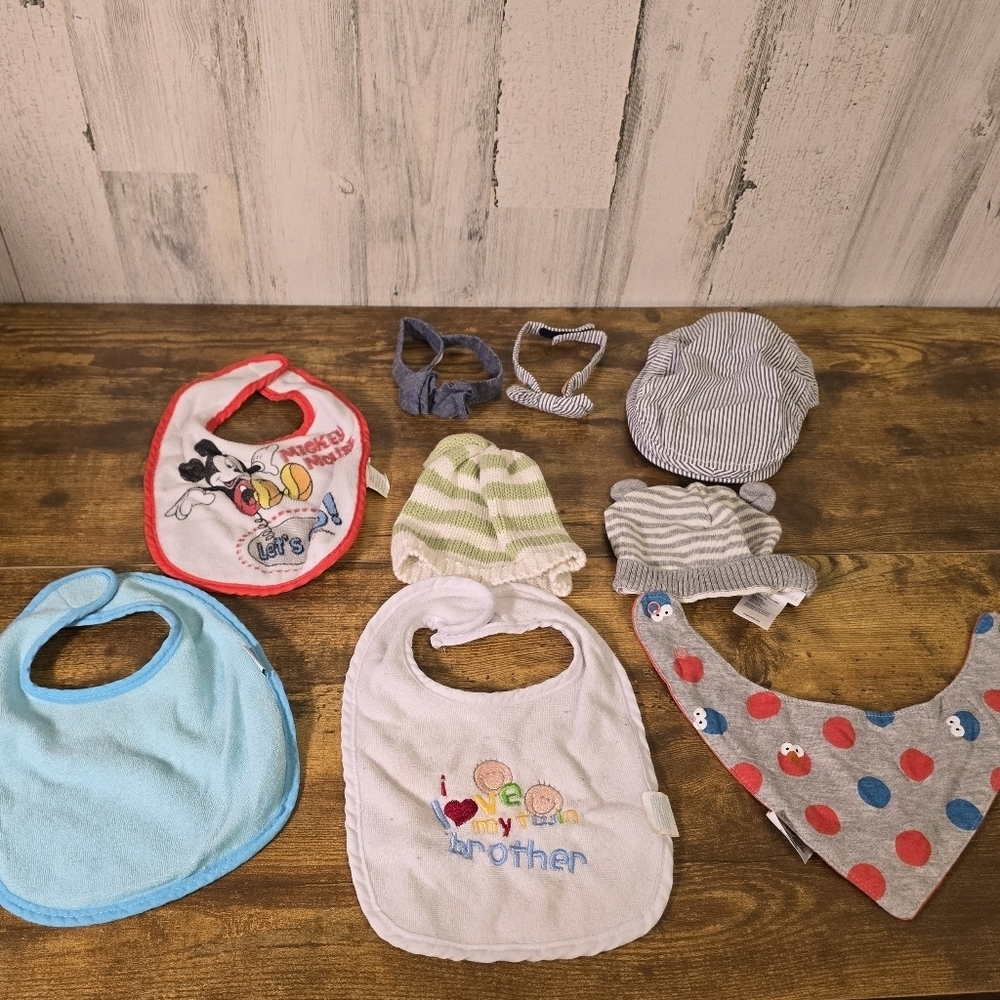 Baby boys lot of 9, hats, bibs and bow ties